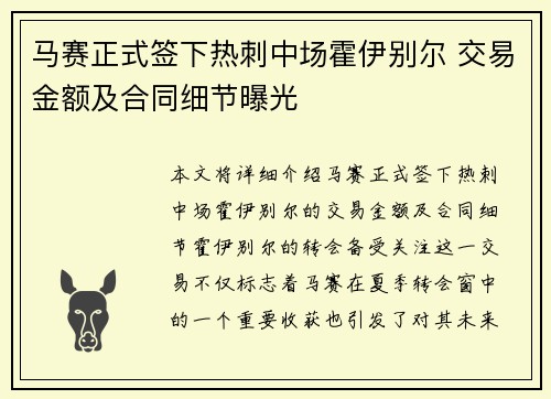 马赛正式签下热刺中场霍伊别尔 交易金额及合同细节曝光